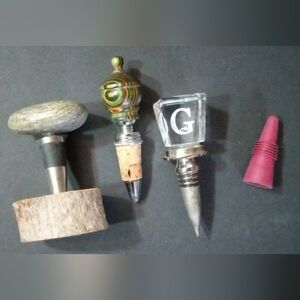 Miscellaneous Lot Of 4 Wine Bottle Cork/Toppers, Stone, Wood & Glass